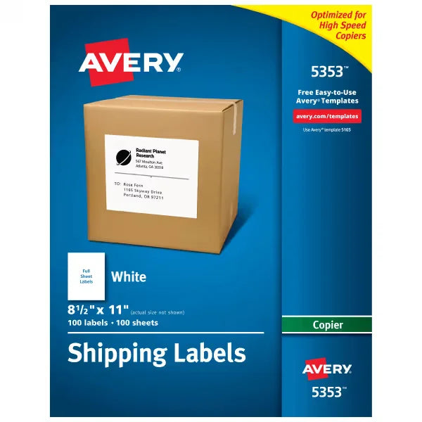 Avery&reg; Shipping Labels for Copiers, 8-1/2" x 11", 100 White Labels (5353)