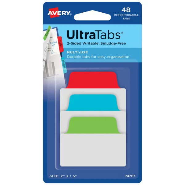 Avery&reg; Ultra Tabs&reg;, Red/Blue/Green, 2" x 1.5", 48 Repositionable Multiuse Tabs, 2-Side Writable (74757)