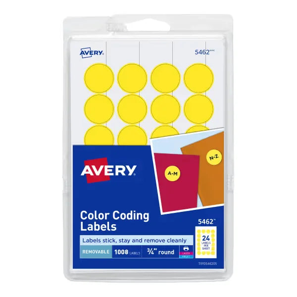 Avery&reg; Removable Color-Coding Labels, Removable Adhesive, Yellow, 3/4" Diameter, 1,008 Labels (5462)