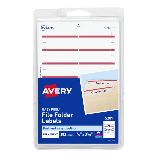 File Folder Labels on 4” x 6” Sheets, Easy Peel, White/Red, Print or Handwrite, 2/3” x 3-7/16”, 252 Labels (5201)