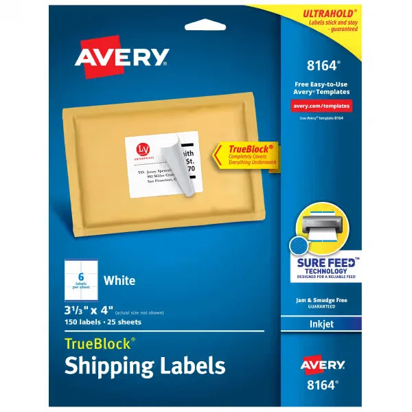 Avery&reg; TrueBlock&reg; Shipping Labels, Sure Feed&trade; Technology, Permanent Adhesive, 3-1/3" x 4", 150 Labels (8164)