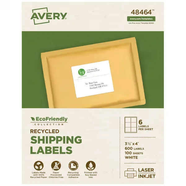 Avery&reg; EcoFriendly Recycled Shipping Labels, 3-1/3" x 4", White, Permanent, 600 Printable Labels (48464)