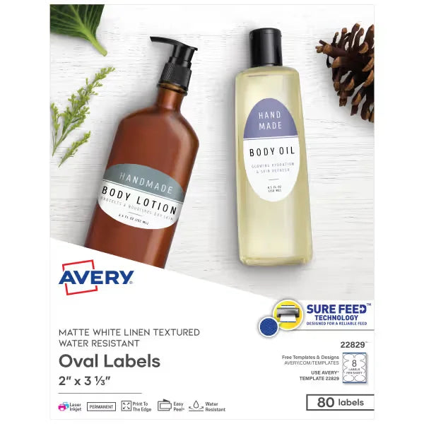 Avery&reg; 2" x 3-1/3" Water-Resistant Oval Labels, 80 Labels, Permanent Adhesive, Textured Matte White (22829)