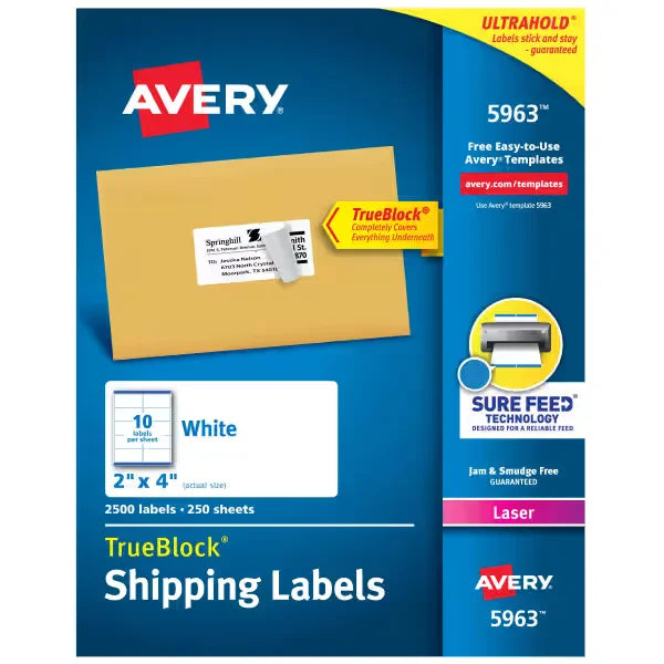 Avery&reg; TrueBlock&reg; Shipping Labels with Sure Feed&reg;, 2" x 4", White, 2,500 Blank Mailing Labels (5963)