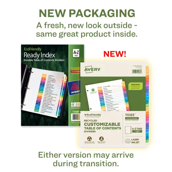 Avery&reg; EcoFriendly Recycled A-Z Dividers, Multicolor, Ready Index&reg; Customizable Table of Contents, 1 Set (11085)
