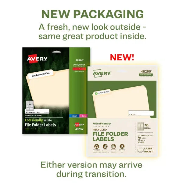 Avery&reg; EcoFriendly Recycled File Folder Labels, 2/3" x 3-7/16", White, Permanent, 750 Printable Labels (48266)