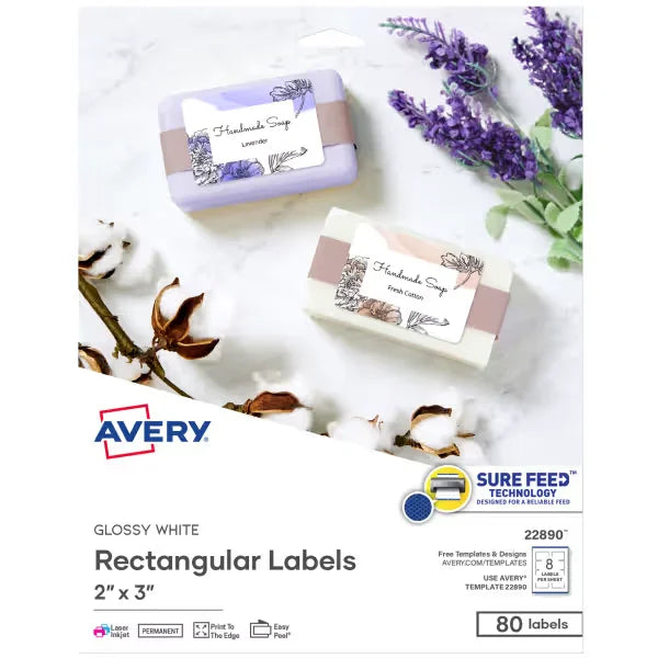 Avery&reg; Glossy White Labels with Sure Feed&reg; Technology, 2" x 3" Rectangle Labels, Print to the Edge, Laser/Inkjet, 80 Labels (22890)