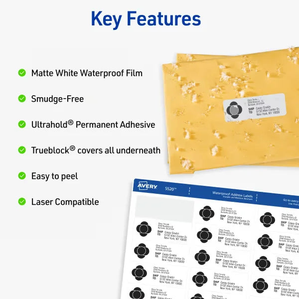 Avery&reg; Waterproof Address Labels with Sure Feed&reg;, 1" x 2-5/8", Laser & Pigment-Inkjet Compatible, 1,500 Total (5520)