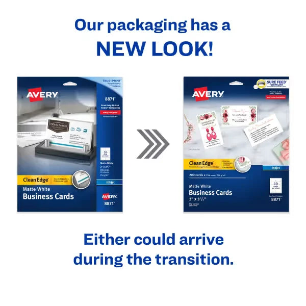 Avery&reg; Clean Edge&reg; Business Cards with Sure Feed Technology, 2" x 3-1/2", White, 200 Blank Cards (08871)