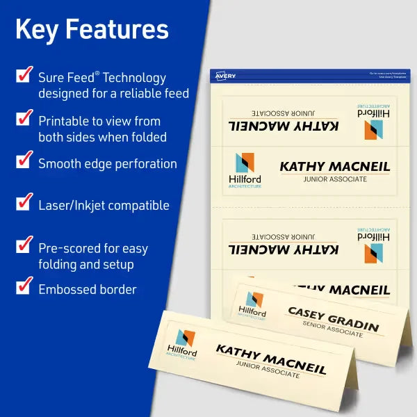 Avery&reg; Embossed Tent Cards with Sure Feed&reg; Technology, 2-1/2" x 8-1/2", Ivory, 100 Printable Place Cards (5914)