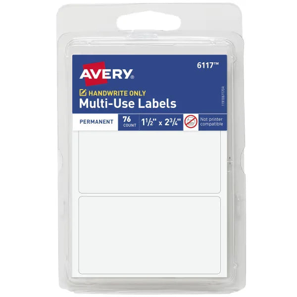 Avery&reg; Multi-Use Permanent Labels, 1-1/2" x 2-3/4", White, Non-Printable, 76 Rectangle Labels Total (6117)