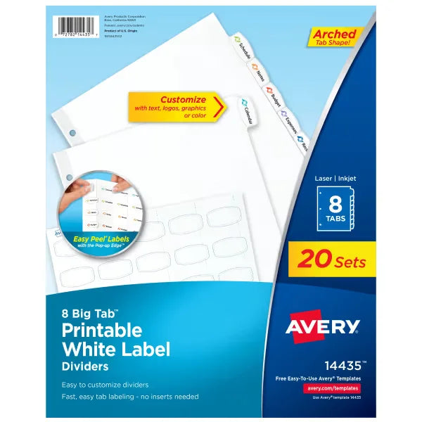 Avery&reg; Big Tab&trade; Printable White Label Dividers, Easy Peel Labels&reg;, 8 Tabs per Set, White (20 Sets of 14435)