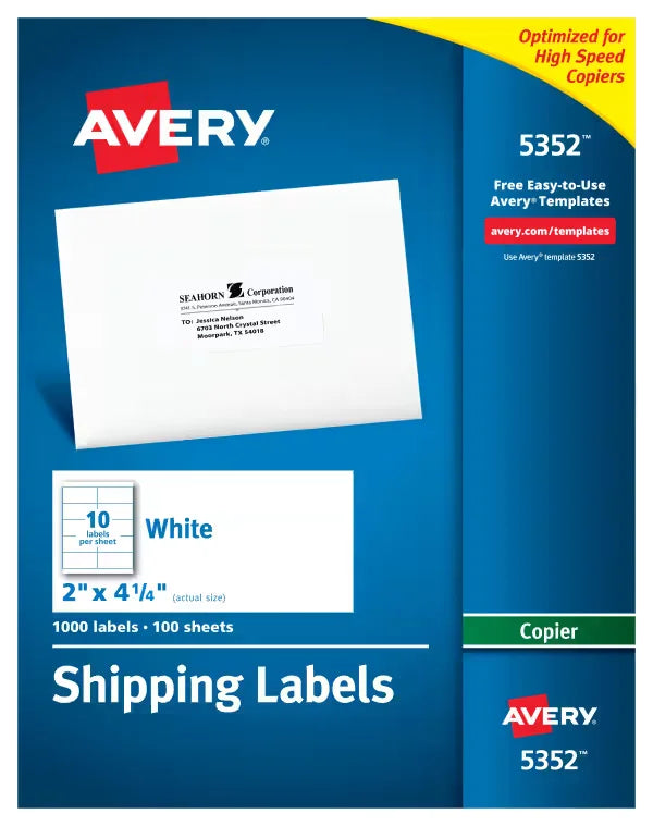 Avery&reg; Shipping Labels for Copiers, Permanent Adhesive, 2" x 4-1/4", 1,000 Labels (5352)