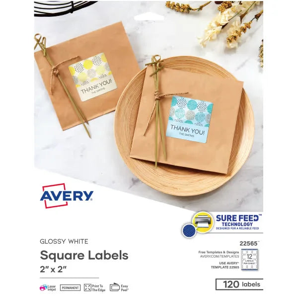 Avery&reg; 2" x 2" Square Labels with Sure Feed&trade;, Permanent Adhesive, Glossy White, 120 Labels (22565)