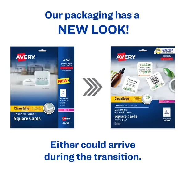 Avery&reg; Clean Edge&reg; Square Cards, Rounded Corners, 2-1/2" x 2-1/2", White, 180 Blank Cards (35703)