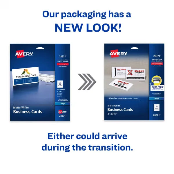Avery&reg; Printable Business Cards with Sure Feed&trade;, 2" x 3.5", White, 100 Blank Cards for Inkjet Printers (28371)