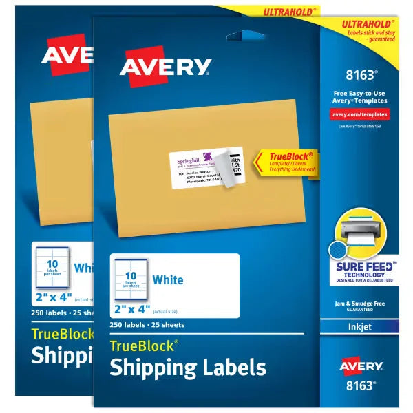 Avery&reg; TrueBlock&reg; Shipping Labels with Sure Feed&reg;, 2" x 4", White, 500 Blank Mailing Labels Total (2-Pack of 8163)