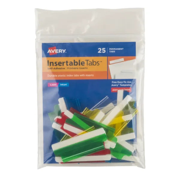 Avery&reg; Insertable Tabs, Self-Adhesive, Printable Inserts, 2" Assorted Colors, 25 Tabs (16239)