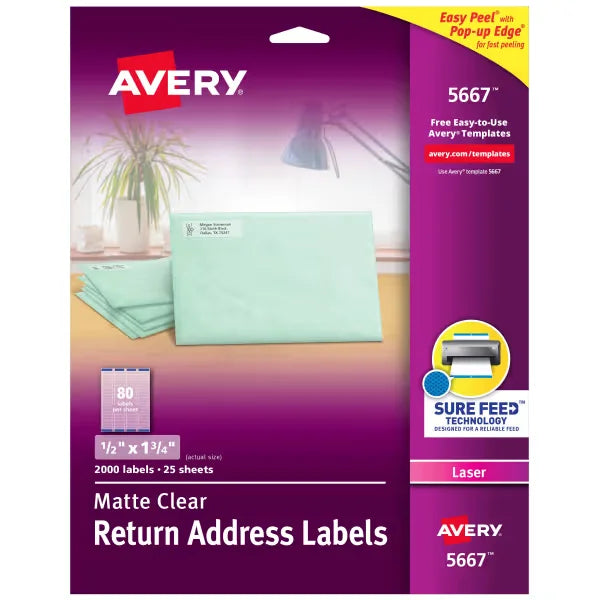 Avery&reg; Matte Clear Return Address Labels, Sure Feed&trade; Technology, Laser, 1/2" x 1-3/4", 2,000 Labels (5667)
