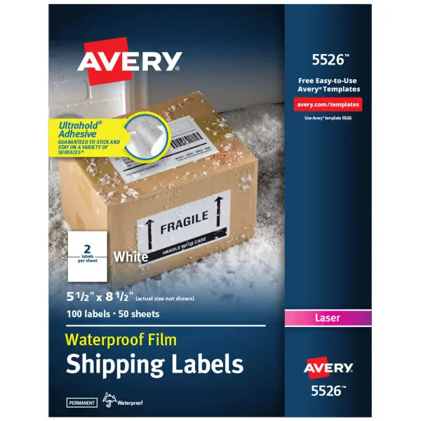 Avery&reg; Waterproof Shipping Labels with Sure Feed&reg;, 5-1/2" x 8-1/2", White, Laser Compatible, 100 Labels Total (5526)