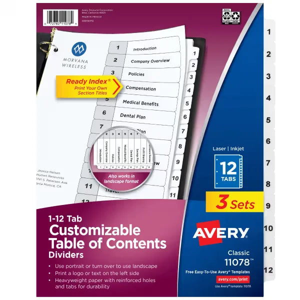 Avery&reg; Ready Index&reg; Dividers for 3 Ring Binders, 12 Tab Sets, Customizable Table of Contents, White Tabs, 3 Sets (11078)