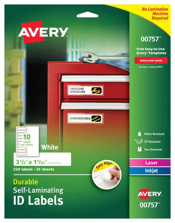 Avery&reg; Easy Align&reg; Self-Laminating ID Labels, Permanent Adhesive, 1-1/32" x 3-1/2", 250 Labels (00757)