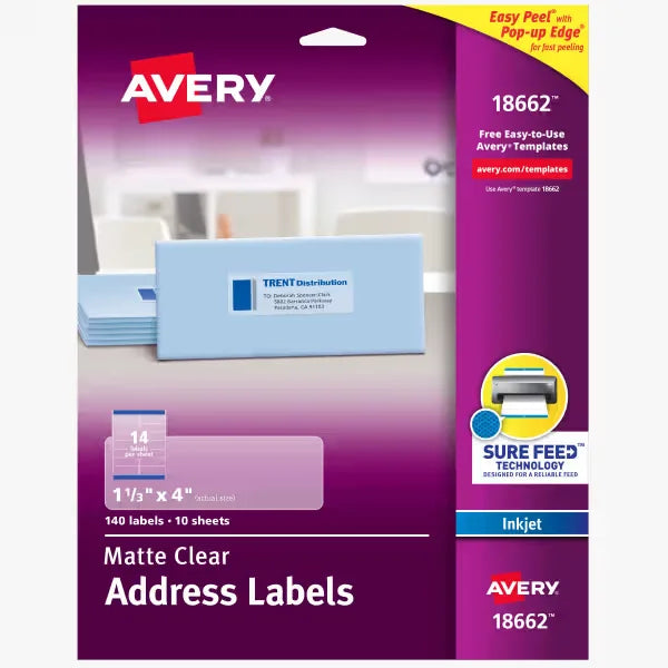 Avery&reg; Address Labels with Sure Feed&reg;, 1-1/3" x 4", Matte Clear, Permanent, Inkjet Printers, 140 Labels (18662)