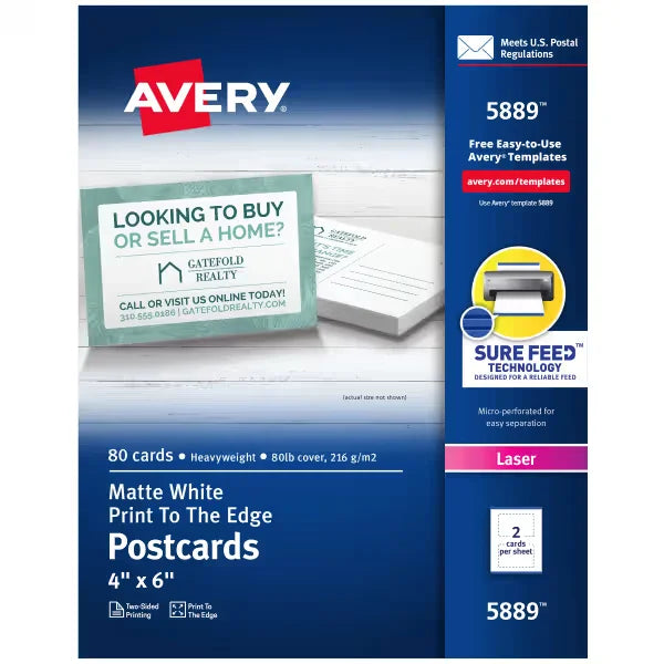 Avery&reg; Postcards with Sure Feed&reg; Technology, 4" x 6", White, 80 Blank Postcards for Laser Printers (5889)