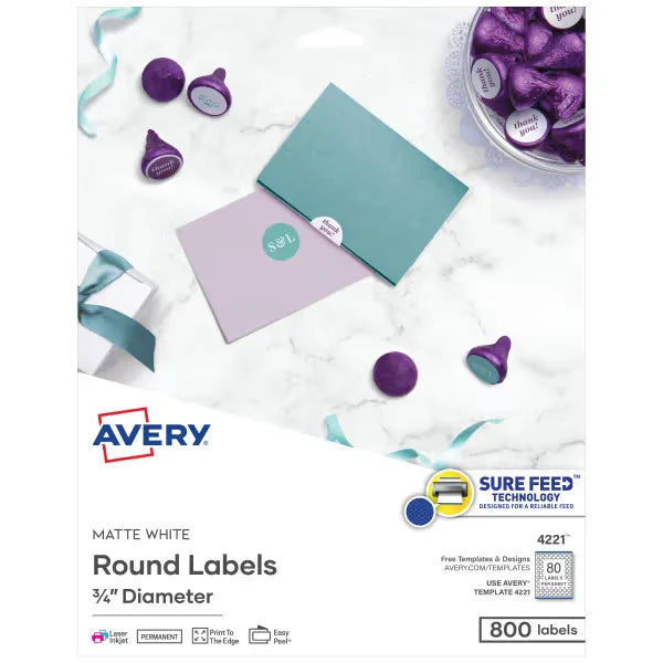 Avery&reg; Matte White Round Labels with Sure Feed&trade;, Â¾" Diameter, 800 Labels, Permanent Adhesive (4221)