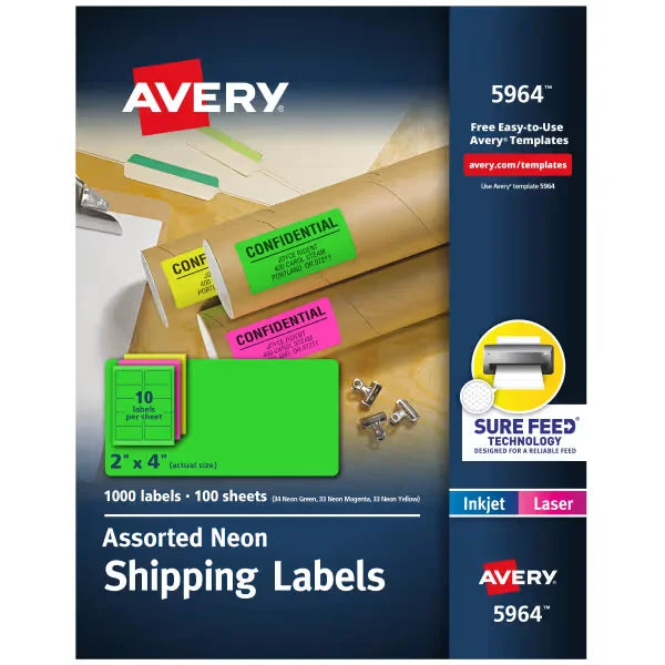 Avery Shipping Labels with Sure Feed, 2"x 4", Assorted Neon Colors, Laser & Inkjet Compatible, 1,000 Labels Total (5964)