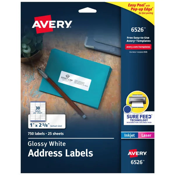 Avery&reg; Address Labels with Sure Feed&reg; Technology, Glossy White, 1" x 2-5/8", Permanent Adhesive, Laser/Inkjet, 750 Total (6526)