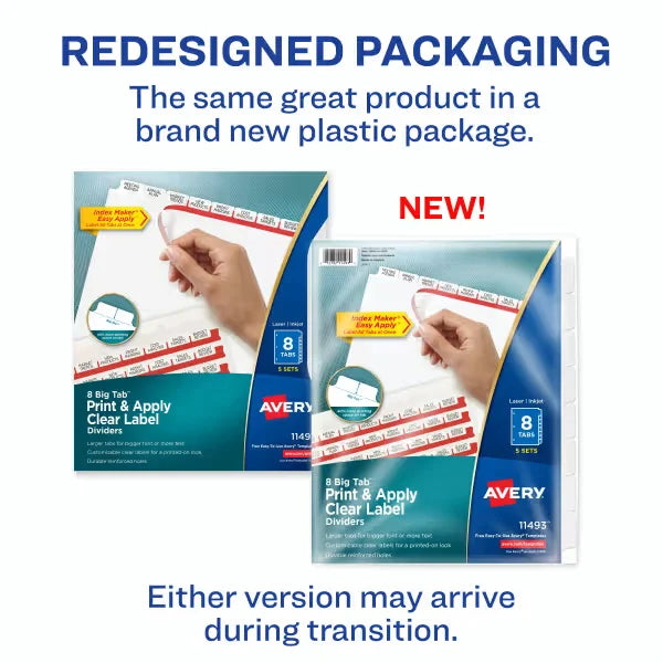 Avery&reg; Big Tab&trade; Print & Apply Clear Label Dividers, Index Maker&reg; Easy Apply&trade; Printable Label Strip, 8 White Tabs, 5 Sets (11493)