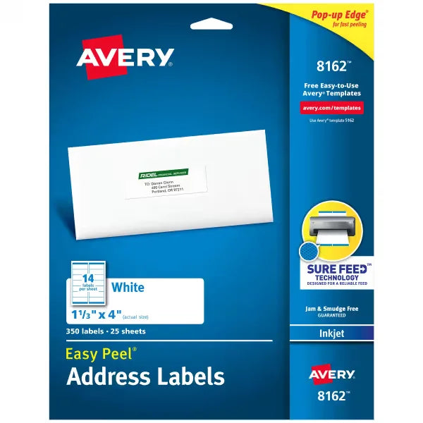 Avery&reg; Easy Peel&reg; Address Labels, Sure Feed&trade; Technology, Permanent Adhesive, 1-1/3" x 4", 350 Labels (8162)