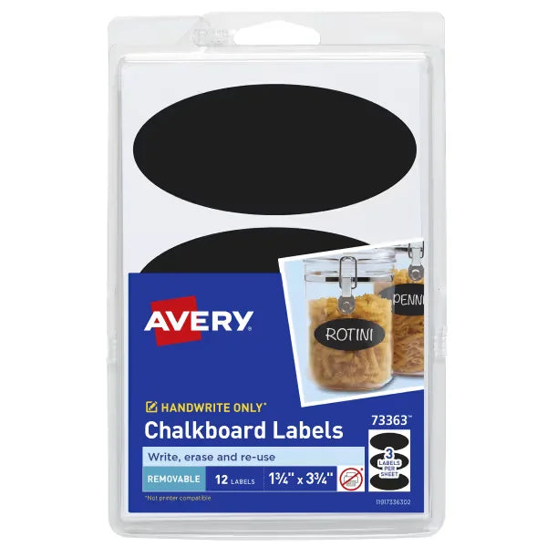 Avery&reg; Chalkboard Labels, 1-3/4" x 3-3/4" Oval Labels, Black, Non-Printable, 12 Removable Labels Total (73363)