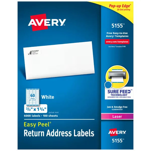 Avery&reg; Easy Peel&reg; Return Address Labels, Sure Feed&trade; Technology, Permanent Adhesive, 2/3" x 1-3/4", 6,000 Labels (5155)