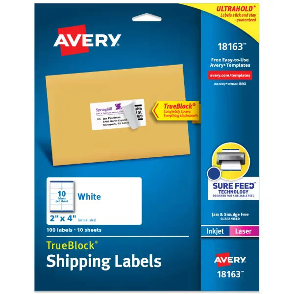 Avery&reg; TrueBlock&reg; Shipping Labels with Sure Feed&reg;, 2" x 4", White, 100 Blank Mailing Labels (18163)
