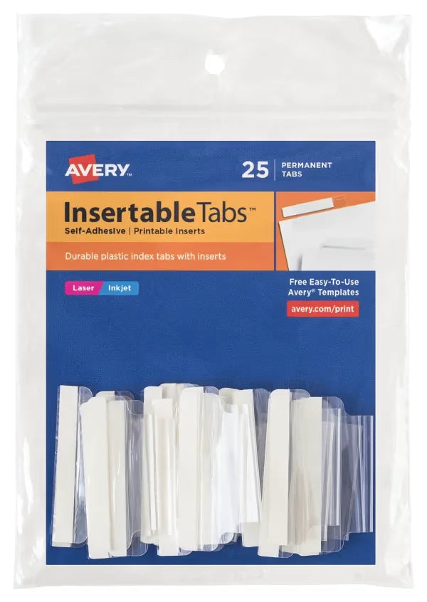 Avery&reg; Insertable Tabs, Self-Adhesive, Printable Inserts, 2" Clear, 25 Tabs (16241)