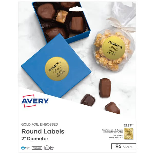 Avery&reg; Gold Embossed Foil Round Labels, 2" Diameter, 96 Labels, Permanent Adhesive (22831)