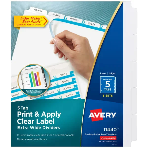 Avery&reg; 5-Tab Extra-Wide Dividers, Works with Sheet Protectors, Index Maker Customizable White Tabs, 5 Sets (11440)