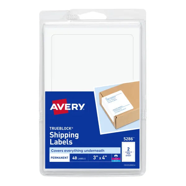 Avery&reg; Shipping Labels, TrueBlock&reg; Technology Permanent Adhesive, 3" x 4", 40 Labels (5286)