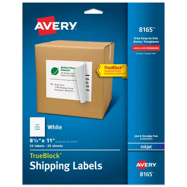 Avery&reg; Full-Sheet Shipping Labels, 8-1/2" x 11", White, 25 Blank Mailing Labels (8165)