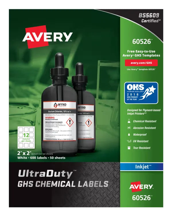 Avery&reg; UltraDuty&reg; GHS Chemical Labels for Pigment Inkjet Printers, Permanent Adhesive, Waterproof, UV Resistant, 2” x 2”, 600 Labels (60526)