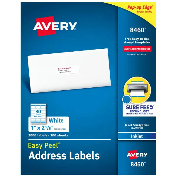 Avery&reg; Easy Peel&reg; Address Labels with Sure Feed&reg;, 1" x 2-5/8", White, 3,000 Blank Mailing Labels (8460)