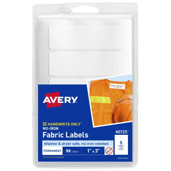 Avery&reg; No-Iron Fabric Labels, 1" x 3", Washer and Dryer-Safe Labels, Non-Printable, 50 Blank Labels Total (40725)