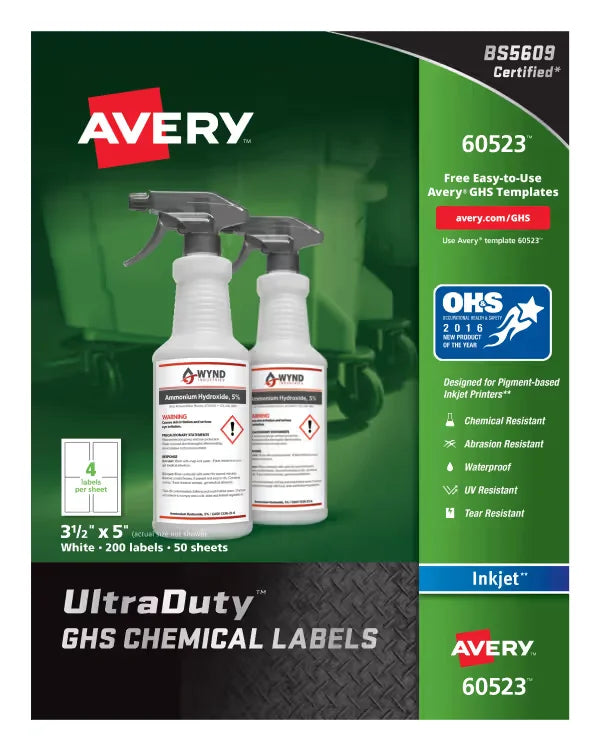 Avery&reg; UltraDuty&reg; GHS Chemical Labels for Pigment Inkjet Printers, Permanent Adhesive, Waterproof, UV Resistant, 3-1/2” x 5”,  200  Labels (60523)