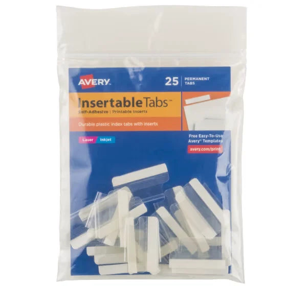 Avery&reg; Insertable Tabs, Self-Adhesive, Printable Inserts, 1" Clear, 25 Tabs (16221)