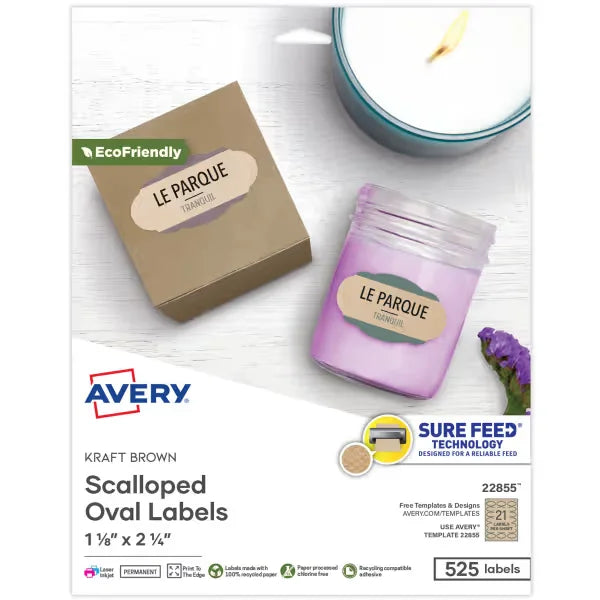 Avery&reg; Kraft Brown Scalloped Oval Labels with Sure Feed&reg; Technology, 1-1/8" x 2-1/4", Laser/Inkjet, 525 Total (22855)