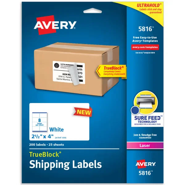 Avery&reg; TrueBlock&reg; Shipping Labels with Sure Feed&trade;, 2-1/2" x 4", Permanent Adhesive, White, 200 Labels, Laser (5816)