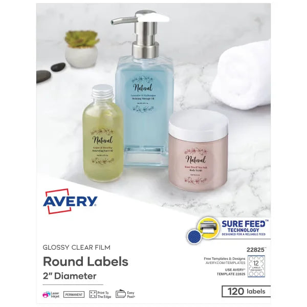 Avery&reg; Glossy Clear Round Labels with Sure Feed&trade;, 2" Diameter, 120 Labels, Permanent Adhesive (22825)
