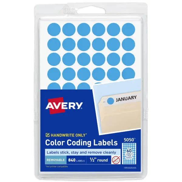 Avery&reg; Color-Coding Removable Labels, 1/2 Inch Round Stickers, Light Blue, Non-Printable, 840 Dot Stickers Total (5050)
